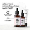 Göz çevresi bakımına yönelik üç üründen oluşan OSL seti görseli. Kolajen ve hyaluronik asit içeren serum, granactive retinoid serum ve göz çevresi kırışıklıklarına yönelik bakım kremi birlikte sunulmaktadır.