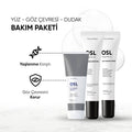 Cilt bakımına yönelik üç farklı üründen oluşan set görseli. Su bazlı nemlendirici losyon, göz çevresi bakım kremi ve dudak balmı ile yüz, göz çevresi ve dudak bakımını destekleyen kozmetik ürünler sunulmaktadır.