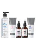 Kuru ve hassas ciltler için geliştirilmiş OSL cilt bakım seti görseli. Temizleyici jel, hyaluronik asit ve kolajen içeren serum, granactive retinoid serum ve iki farklı onarıcı nemlendirici kremden oluşan çok aşamalı bakım rutini ürünleri.