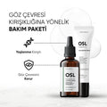Konsantre peptit ve hyaluronik asit içeren yüz serumu ile göz çevresi bakım kremi görseli. Kırışıklık ve nem desteğine yönelik iki kozmetik ürün sunumu.